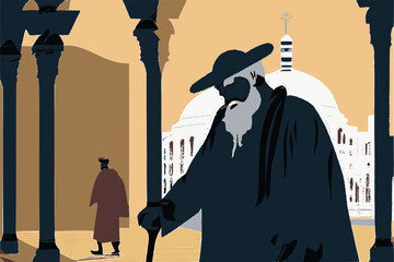 Tel Aviv street with a silhouette of an orthodox jew in traditional clothes. Abstract vector image.