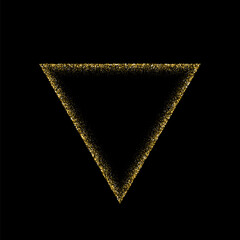 Poster - Triangle gold frame made of glitters with bright glow light effect vector illustration. Abstract golden border from luxury metal dust for swirl portal, decorative royal award on black background