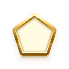 Poster - 3d plate button of pentagon shape with golden frame vector illustration. Realistic isolated website element, golden glossy label for game UI, badge of navigation menu with shiny light effect on border
