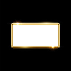 Poster - 3d plate button of rectangle shape with golden frame vector illustration. Realistic isolated website element, golden glossy label for game UI, badge of navigation menu with shiny light effect border