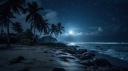 Breathtaking view of beautiful beach coast with palm trees at night. Moon light glowing. Silhouette of tropical island. Summer nature outdoor background. AI generative image.