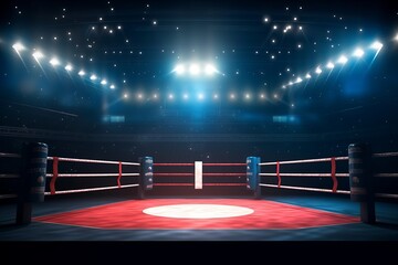 Boxing fight ring close-up. Interior view of sport arena with fans and shining spotlights. Digital sport 3D illustration.Generative AI.