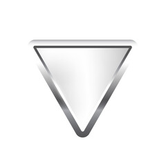 Poster - Silver triangle button with frame vector illustration. 3d steel glossy elegant design for empty emblem, medal or badge, shiny and gradient light effect on plate isolated on white background