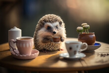 Sweet-toothed hedgehog on the table with a cup of tea. Tea ceremony in the wild concept. Generative AI.