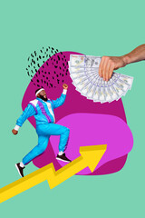 Sticker - Creative abstract template graphics collage image of funky cool guy running earning cash isolated colorful background