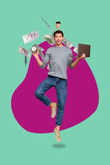 Poster - Vertical collage picture of excited happy guy jumping hold netbook bell ring clock flying dollar bills coffee cup above head