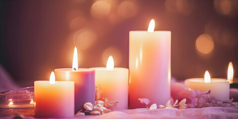 Wall Mural - candles on a soft focus background with copy space, burning lights, spa atmosphere, template for pre