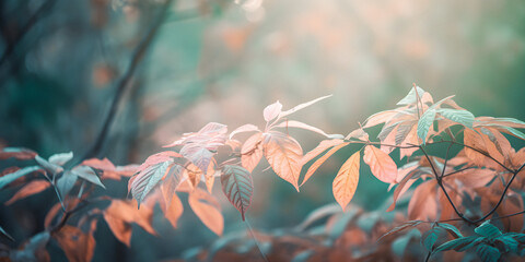 Wall Mural - Tranquil leaves soft focus background with copy space, presentation background, dream atmosphere - generative AI