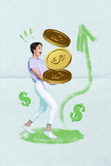 Poster - Collage picture illustration businesswoman lady hold stack dollar golden coin trading earn money online up colorful background