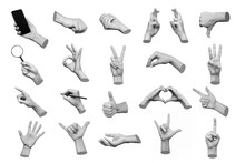 Set Of 3d Hands Showing Gestures Ok, Peace, Thumb Up, Dislike, Point To Object, Shaka, Rock, Holding Magnifying Glass, Writing On White Background. Contemporary Art, Creative Collage. Modern Design