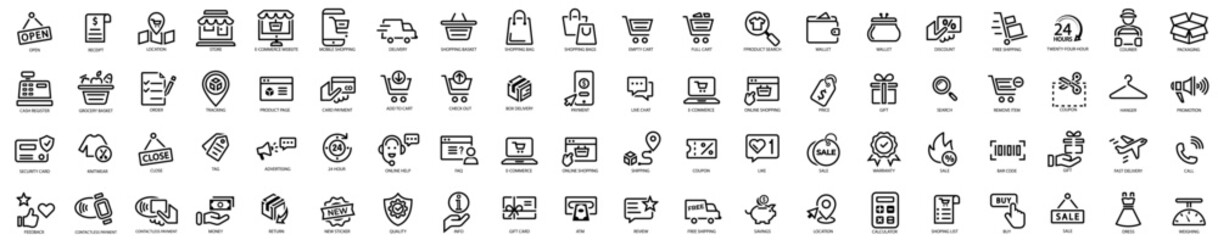 Wall Mural - E-commerce shopping icons set. Online shopping icons set and payment elements. Vector illustration