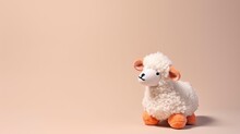 Cute Toy Sheep Isolated On Beige Background With Copy Space. Generative Ai Cuddly Lamb