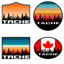 Tache Skyline Silhouette Canada Flag Travel Souvenir Sticker Sunset Background Vector Illustration SVG EPS AI