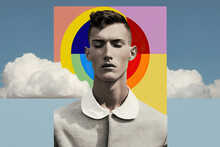 Generative AI Illustration Of Black And White Portrait Of Young Man In Casual Clothed Over Rainbow Colored Background With White Cloud On Blue Sky