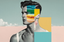 Generative AI Illustrative Image Of Black And White Portrait Of Young Male Model With Stylish Hairdo And In Tank Top With Colorful Paint Squares In Collage