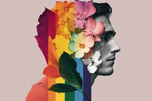 Generative AI Illustration Of Young Man Made With Multicolored Flower Patterns Over White Background And Colorful Leaves Over Gray White Background