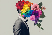 Generative AI Illustration Of Male In Black And White Suit With Face Covered In Bouquet Of Colorful Flowers Against Gray Background