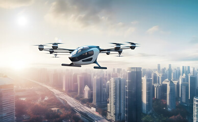 Cars flying in the city sky, manned drones, future cities, neural networks. Generative AI