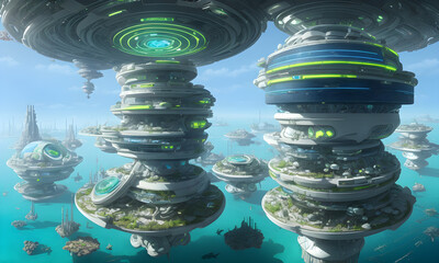 Wall Mural - a high tech solarpunk utopia city / metropolis at the ocean, futuristic buildings and domes, digital