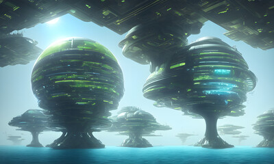 Wall Mural - a high tech solarpunk utopia city / metropolis at the ocean, futuristic buildings and domes, digital