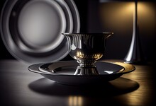A Silver Plate With A Bowl And A Silver Saucer On It And A Lamp In The Background With A Black Table Top With A Black Counter.  Generative Ai