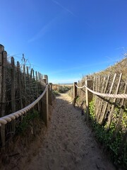 Sticker - Pathway between the sand dunes leading onto the beach with a blue sky background. Taken in Lytham Lancashire England. 