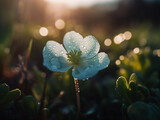 Fototapeta Kwiaty - A single shamrock in a field of delicate baby blue peonies and blushing white snowdrop flowers, focused, golden pink crepuscular rays backlight illuminating flower petals