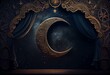 Mystical bohemian backdrop, with a starry night sky, a crescent moon, a starry night sky, a starry night sun, a starry night moon, stars, and a concentric circle. Artistic take on an. Generative AI