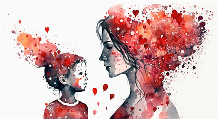 Watercolor Illustration of Mother and Child Surrounded by Hearts - Mother's Day Concept