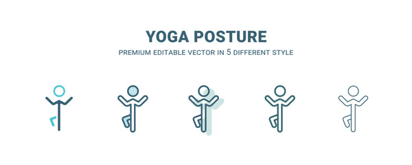 Sticker - yoga posture icon in 5 different style. Outline, filled, two color, thin yoga posture icon isolated on white background. Editable vector can be used web and mobile