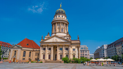 view over the gendarmenmarkt in berlin with french cathedral in historical and business downtown at 