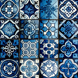 Fototapeta Kuchnia - Blue navy vintage mosaic tile background. Abstract floral ceramic azulejo pattern in spanish or moroccan style. Generative AI