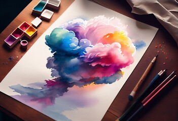 A colorful cloud watercolor painting is depicted with various shades of blue, pink, and purple. The clouds are fluffy and seem to be in motion. Generative AI