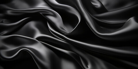 Black silk satin fabric wave or silk wavy folds generated by AI. 
