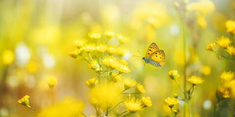 Spring summer shot of yellow flowers and butterflies in meadow in nature outdoors on bright sunny day, generated by AI.