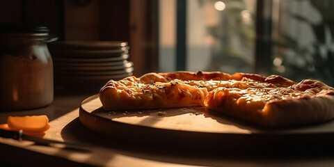 close up of slice hot pizza, cheeze, on wooden plate, place near window in the kitchen morning light generated by AI.