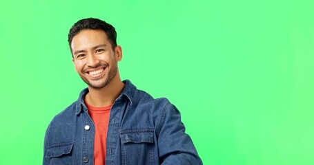 Poster - Face, green screen and Asian man pointing to you, smile and direction on a studio background. Portrait, male and person with selection, invitation and hand gesture for motivation, choice and decision