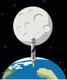 Fototapeta Kosmos - Blue origin rocket launching from earth to the moon | Space rocket launching | Vector design illustration