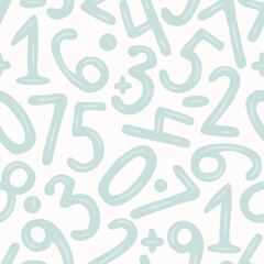 Hand drawn numbers in blue color seamless pattern, ABC repeat paper, Kids Educational endless pattern, Nursery background, mathematics elements Print, School Children Font