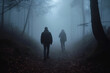 Man follows woman in dark foggy forest. Generative AI.
