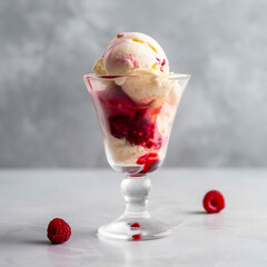 creamy ice cream or whipped cream with raspberry jam in a glass on a gray background. generative ai.