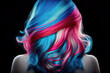 Rear view of model girl with colorful dyed hair. A woman with rainbow-colored hair on a black background. Bright multi-colored hair coloring, red - blue tint. beautiful hair. generative AI