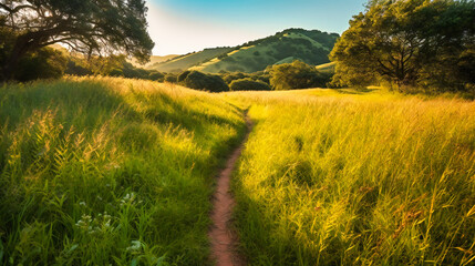 Wall Mural - A picturesque, calming scene of a sunlit meadow and hills with a path inviting exploration