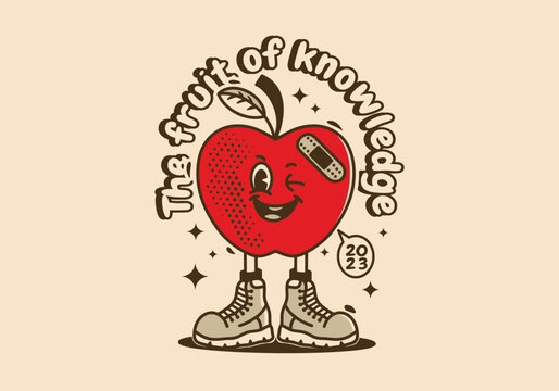 character illustration design of a red apple with smiling face and wearing boots shoes
