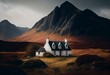 A lone traditional Scottish Highlands white croft house cottage in a rural mountain landscape countryside with Glamaig Peak and the Red Cuillins on the Isle of Skye, Scotland. Generative AI
