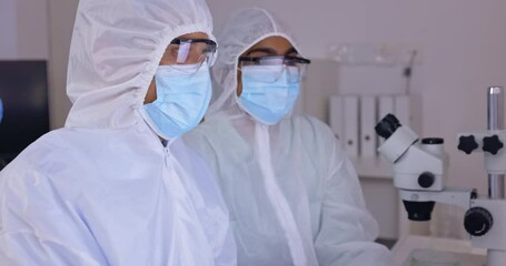 Poster - Scientist team in laboratory, PPE and discussion with computer and microscope, science study for medical research. People working together, data analysis and digital test results with biotechnology