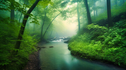Wall Mural - A peaceful stream flowing through a verdant forest on a misty morning