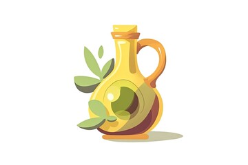 Poster - White background with an illustration of an olive oil pourer holding olives on a branch. Generative AI