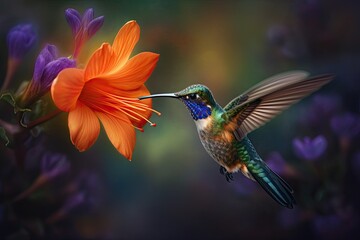 Humming bird hovering over pollen filled orange flowers. Generative AI