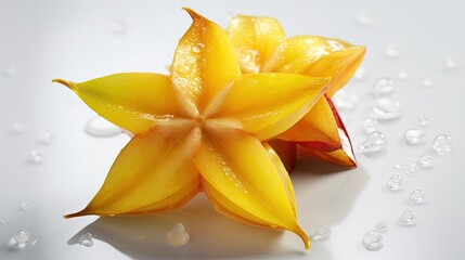 Fresh star fruit, carambola with water drops on a white background, top view